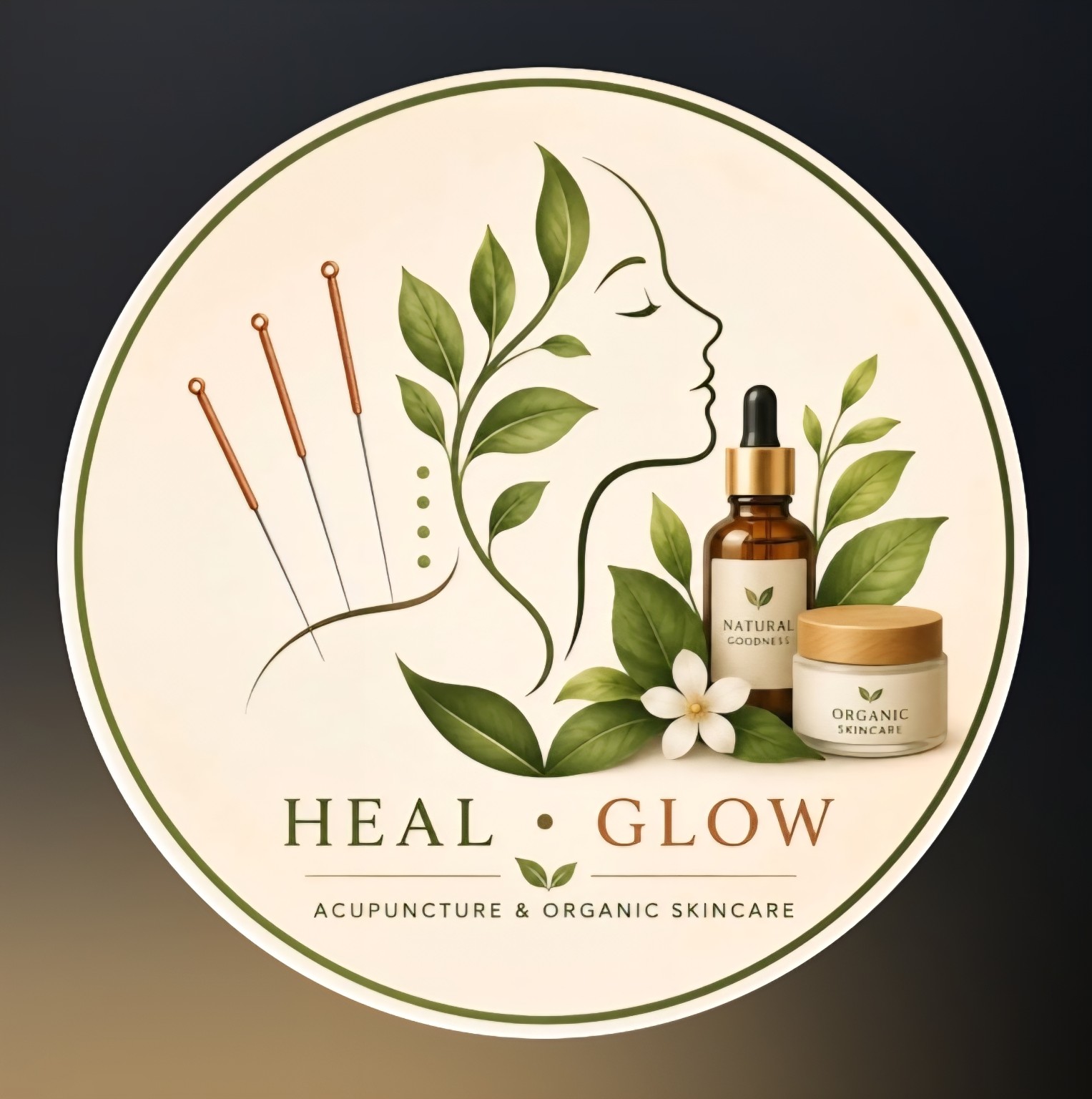 Heal and glow artwork featuring botanical leaves, acupuncture needles and skincare